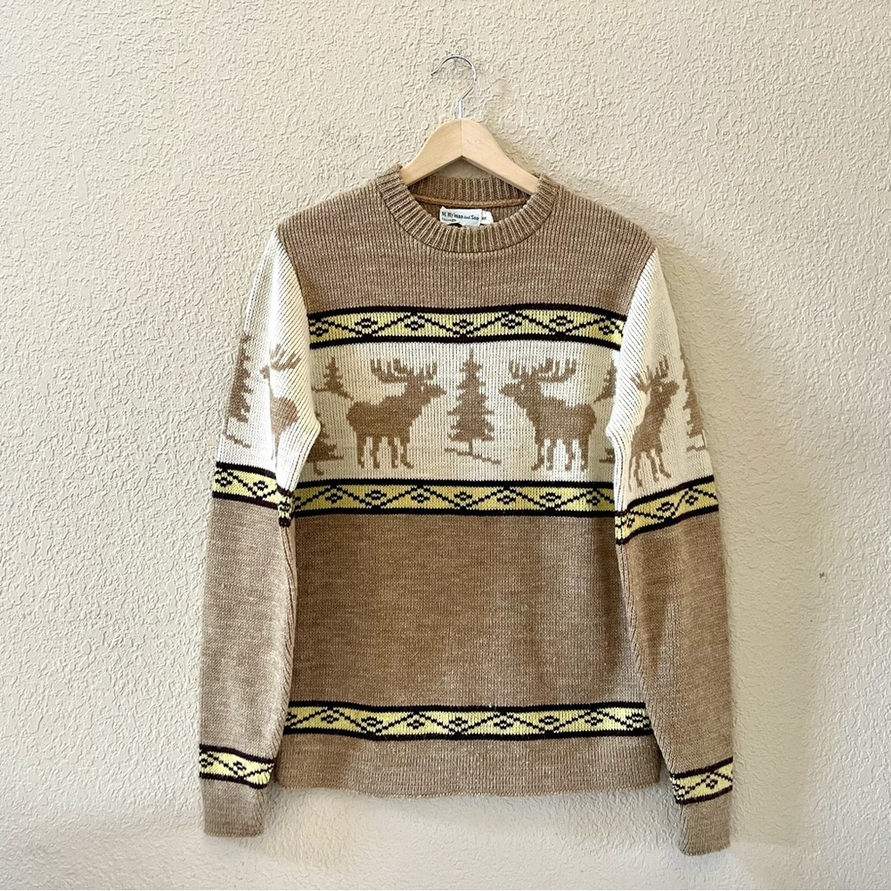 Vintage M. HYMAN And SON Sweater Pullover Intarsia Cowichan Moose Western Tan L